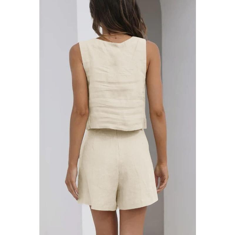 Set de vestă fără mâneci, pantaloni scurți din in