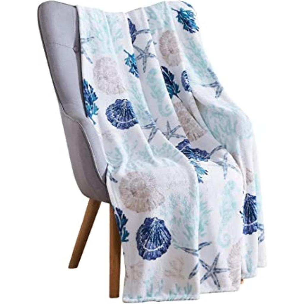 Coastal Starfish Seashell Coral Flannel Throw Blanket, Blue Ocean Nautical Print Soft Warm Lightweight Blanket for Sofa Bed Beach Home Decor Gift