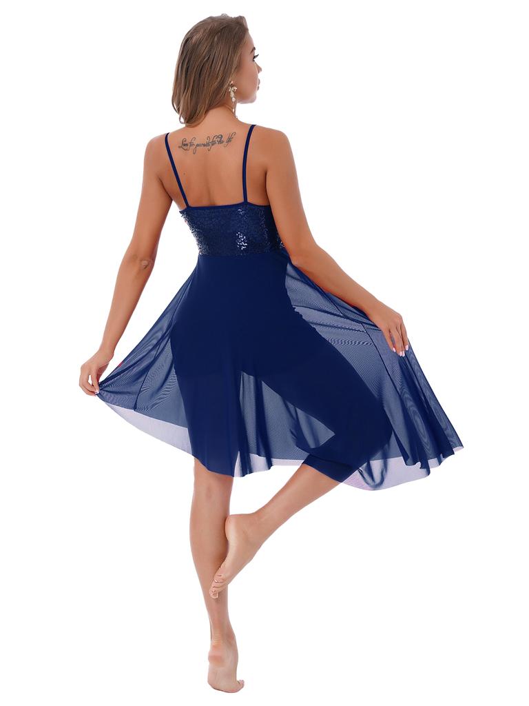 Women Lyrical Modern Dance Dress Sequin Asymmetrical Hem Leotard Skating Performance Costume