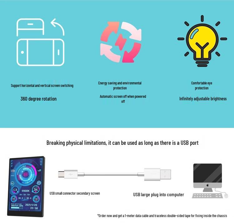 3,5" IPS USB-Display: Temperaturüberwachung, Speicherdatum, Kostenloses AIDA64, Einstellbare Helligkeit, Metalllünette.