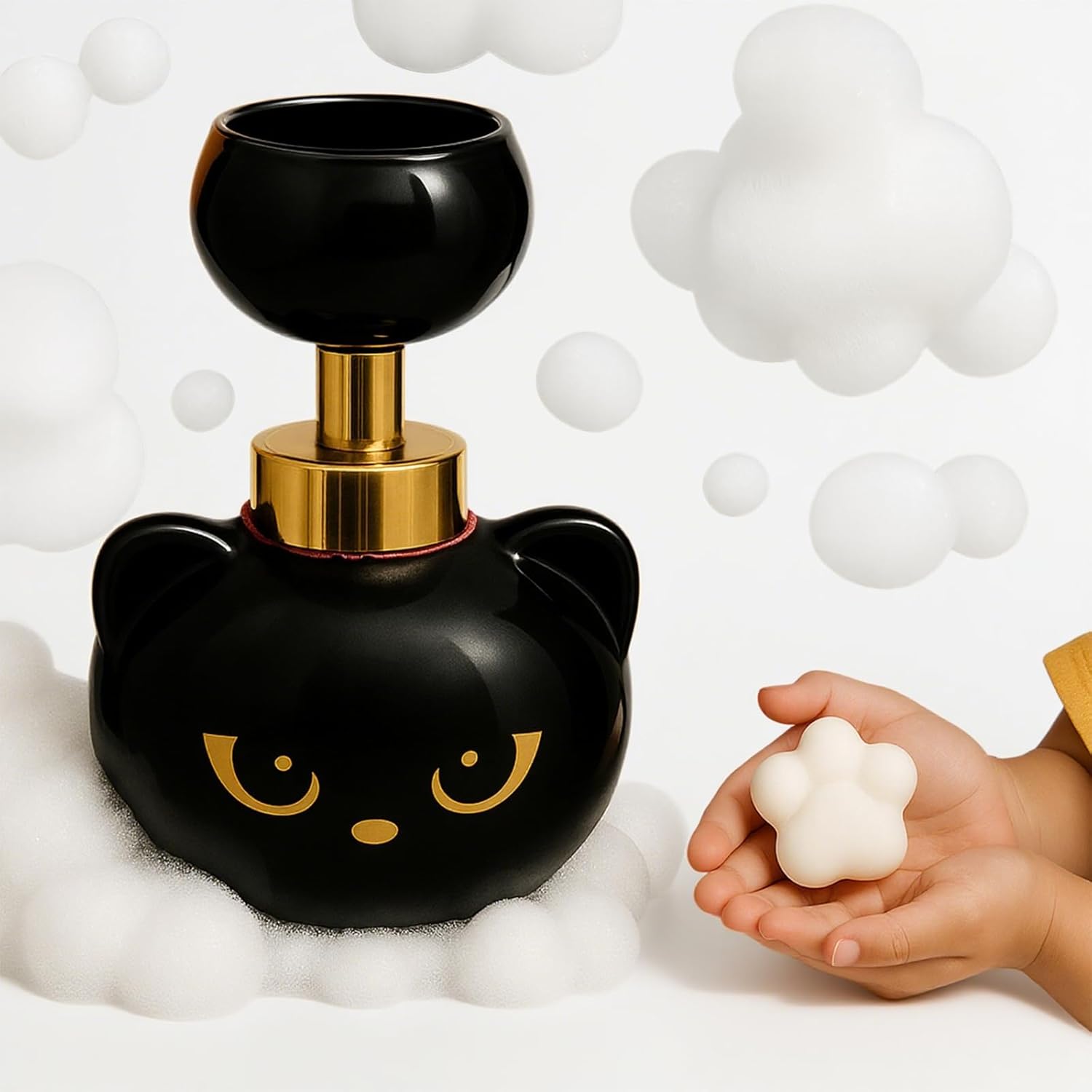 Automatic Cat Paw Soap Dispenser, Cute Black Cat Foaming Soap Pump with Paw-Print Foam, Refillable Cat Paw Soap Dispenser for Bathroom & Kitchen Decor