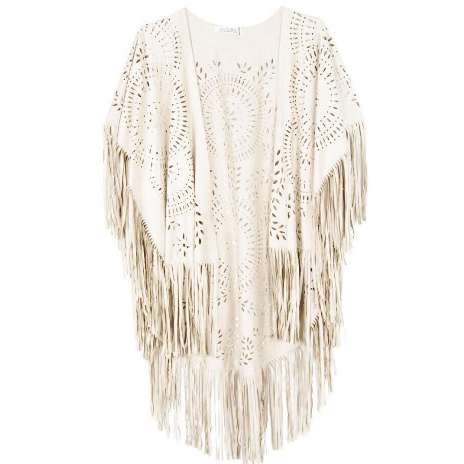 

Европейская и американская замшевая накидка с вырезами и кисточками, цветочный топ для женщин One Size грязно-белый