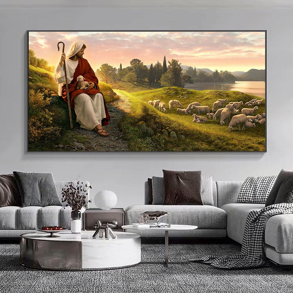 Gesù Cristo Pastore Tela Arte Murale Moderna Religiosa Dio Poster Stampa HD Pittura Quadro Opera d'Arte per Camera da Letto Soggiorno Decorazione Senza Cornice