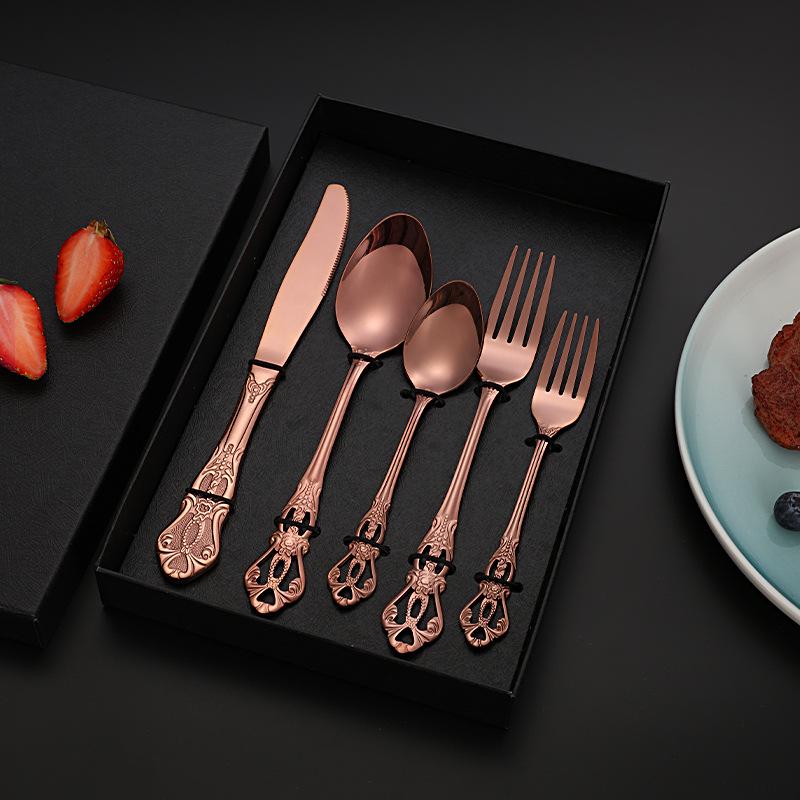 Royal Court 5-Piece Cutlery Set: Vintage Titanium-Plated Gold Stainless Steel Knife, Fork & Spoon with Embossed Hollow Design.