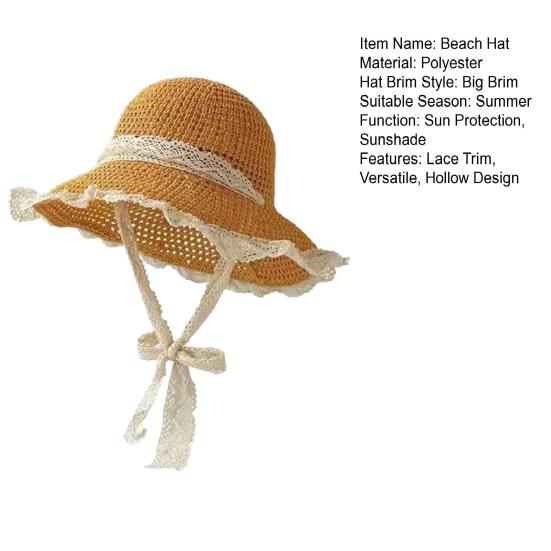Women Beach Hat Large Eaves UV Blocking Foldable Portable Handmade Straw Hollow Sun Protection Hat with Lace Ties