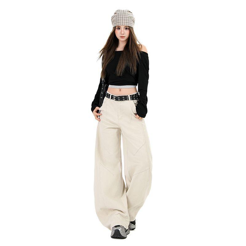 Elegant Vintage Apricot High Street Cargo Comfy Loose Saber Cut Floor Sweeping Denim Pants For Women Early Spring Casual Pants Oversize Denim Trousers