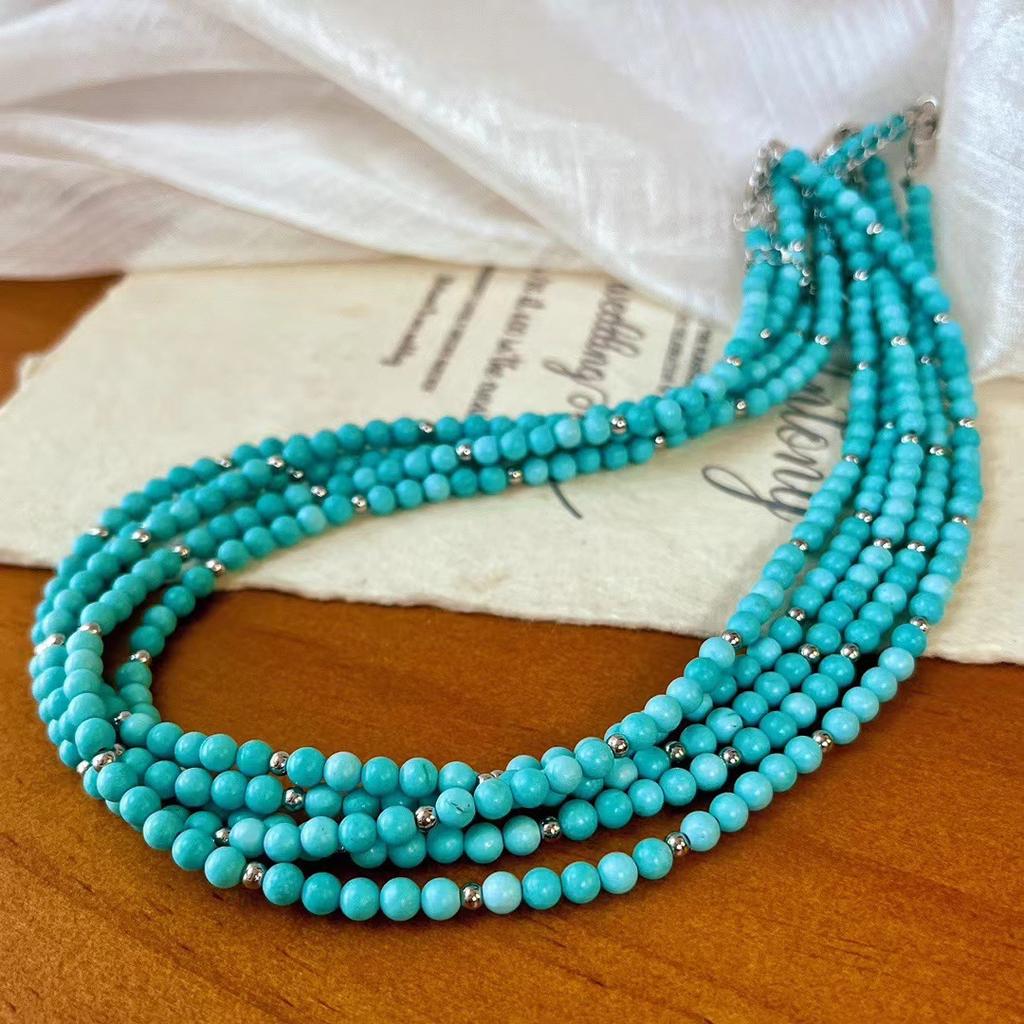 Retro Artificial Turquoise Collarbone Chain Necklace Neck Chain Light Luxury Niche Design Sense Beaded Necklace