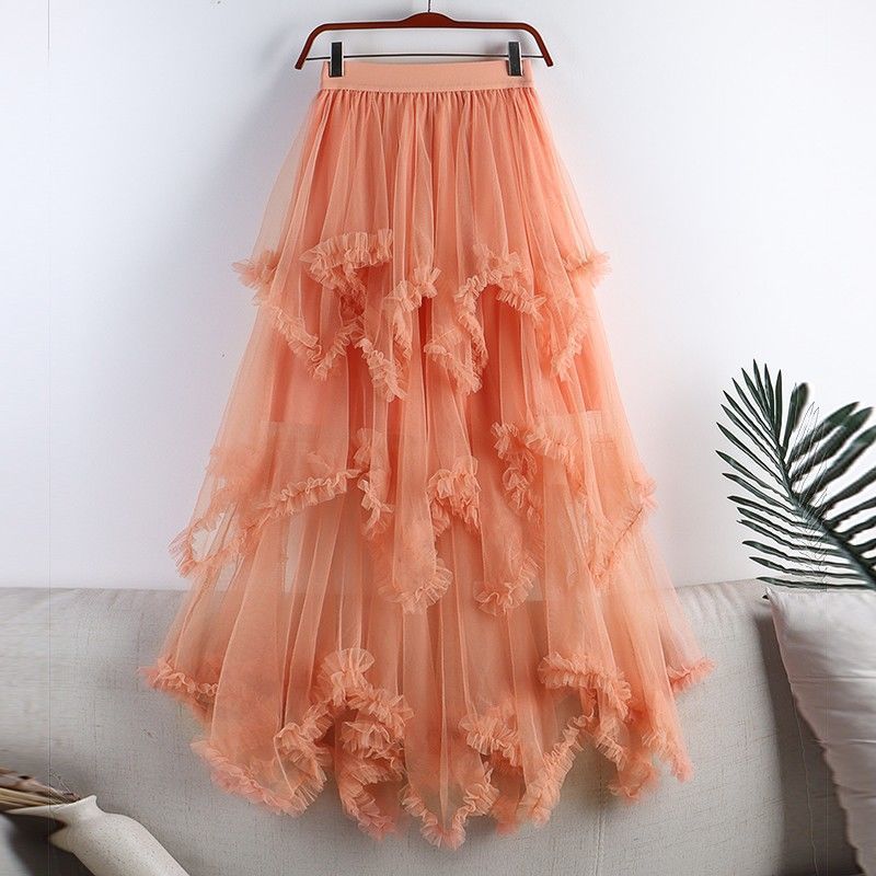 Women's Summer High-Waisted Asymmetric Midi A-Line Mesh Skirt Sweet Tiered Skirt Half-Skirt