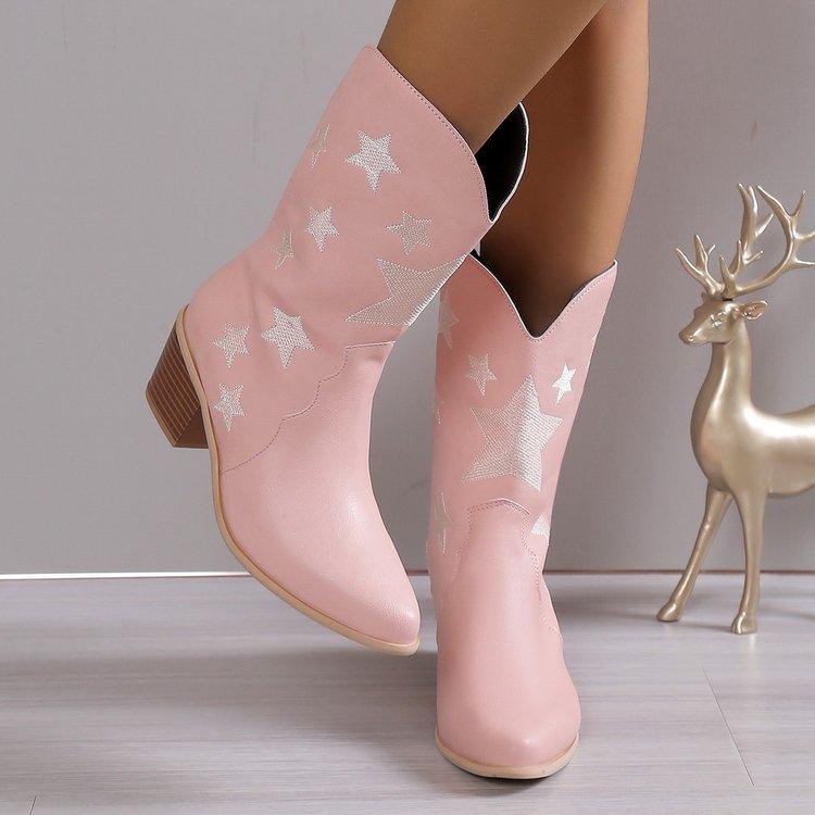 New Women's Embroidered Western Knee High Boots Cowboy Cowgirl Boots Chunky Heel Platform Boots Women Western Shoes