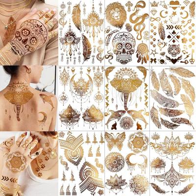 9 folhas grandes tatuagens temporárias douradas para mulheres meninas tribal boêmia tatuagem adesivo 3D falso glitter eleplant cobra tatuagens mandal flor lótus