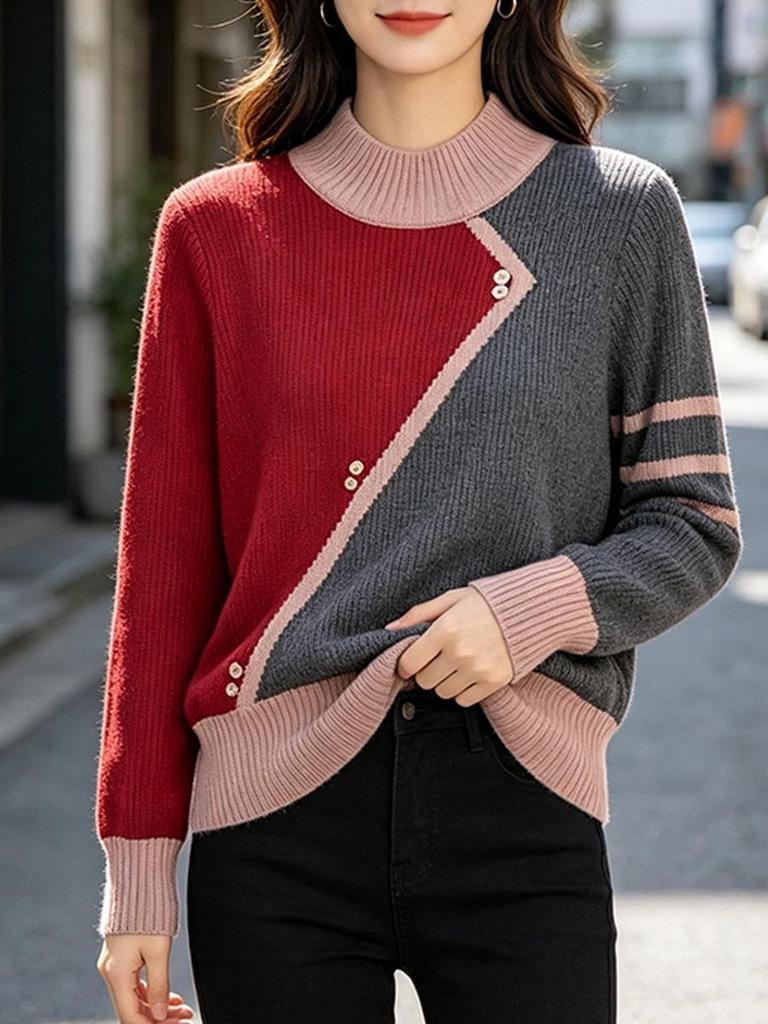 Women's Color-Block Knit Half-High Neck Sweater - Slim Fit, Age-Reducing, Stylish, Cozy Autumn/Winter Top