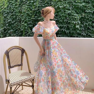 Summer Women Floral Long Fairy Dress Slash Neck Flowers Printed Colorful Organza Dress Puff Sleeve Bandage Stylish Beach Travel  Dress