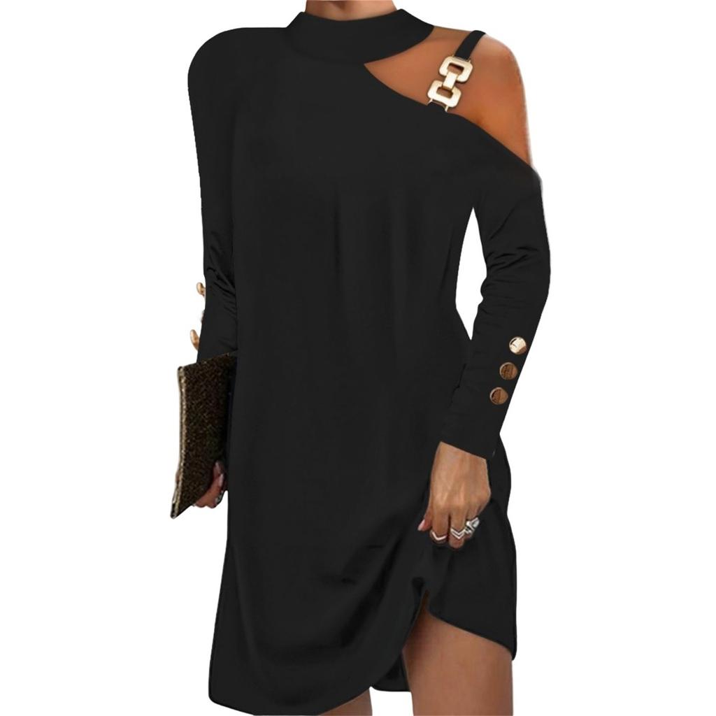 Women's Casual Color Slim Fit Round Neck Off Shoulder Long Sleeve Dress
