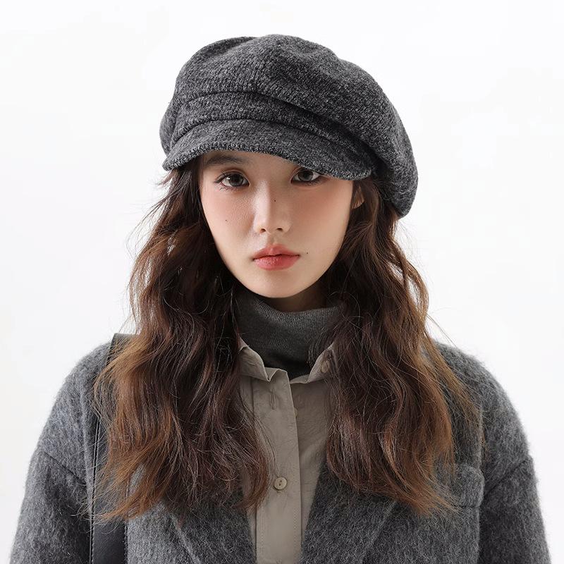 Solid Color Versatile Octagonal Hat for Women in Autumn and Winter Hong Kong Style Warm and Face Showing Little Painter Hat Newsboy Hat Trendy