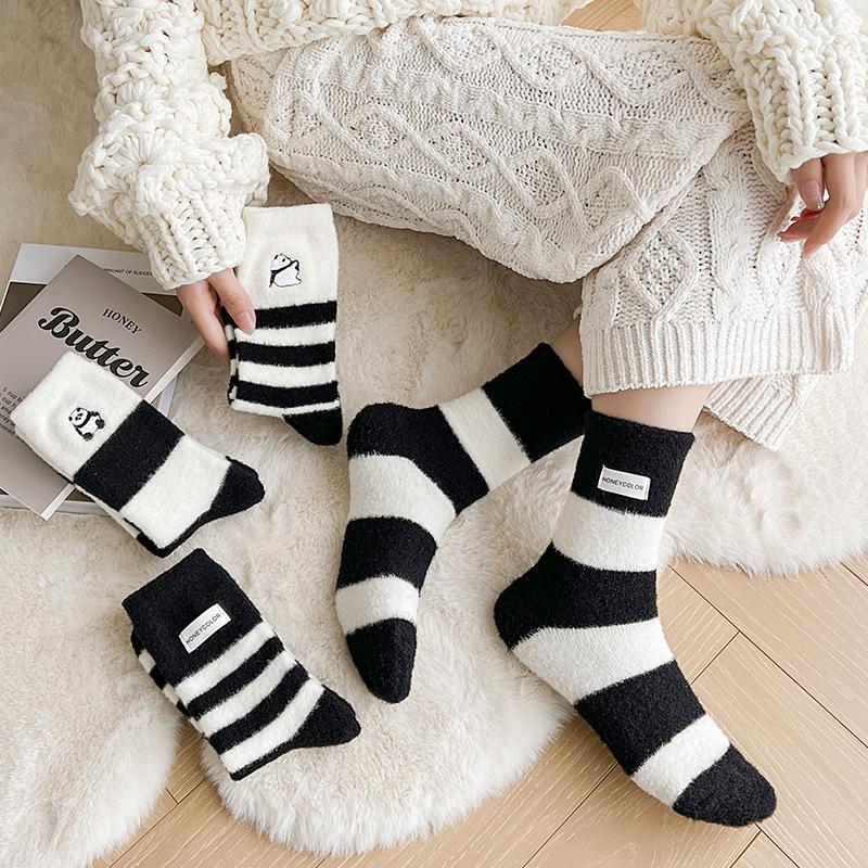 Australian Velvet Mink Velvet Warm Cotton Women'S Socks Thickened Warm Black And White Panda Cloth Label Women'S Medium Tube Socks Home Socks