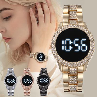 Touch Screen LED Digital Women Watch Rhinestone Ladies Stainless Steel Wristwatches Quartz Watches