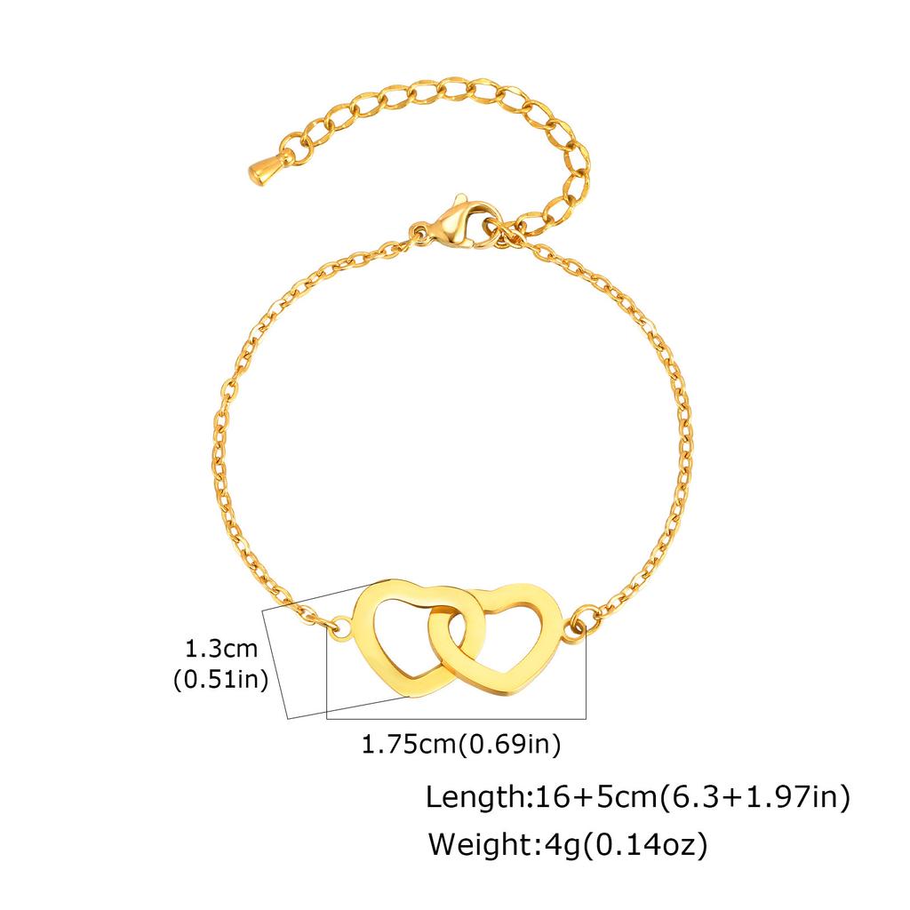 Wind Stainless Steel Plated 18K Gold Flat Cross Chain Double Heart Interlocking Bracelet Women'S Jewelry Br-2199