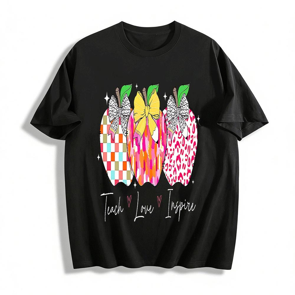 Teach Love Inspire Apple Print Teacher Casual T-Shirt Pure cotton T-shirt XXS
