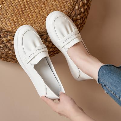 Leather Light Mouth White Shoes Women's Summer New Four-season Versatile Flat Bottom Soft Bottom Soft Surface Thin One Pedal Single Shoes
