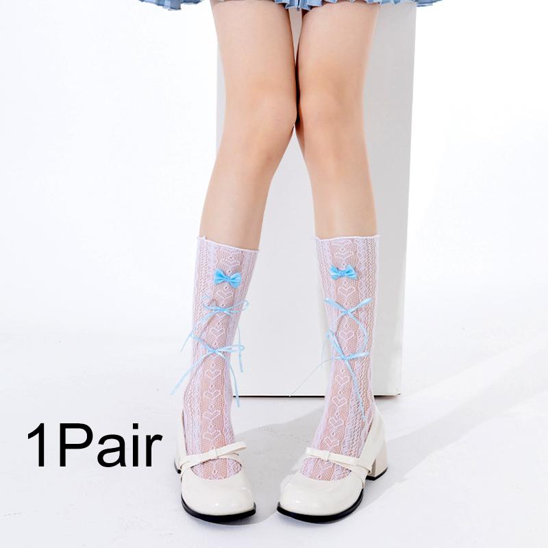 1Pair Lace Stockings Fairyism Sweat Absorption Sweet Middle Cylinder Korean Series Transparent Pile Socks Butterfly Knot