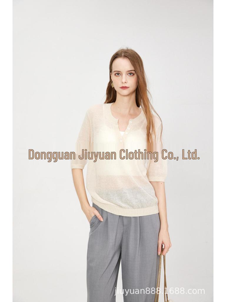 High-End Wolle V-Ausschnitt Semi-Transparent Geknöpft Fünf-Ärmel Gestricktes Freizeit-Top