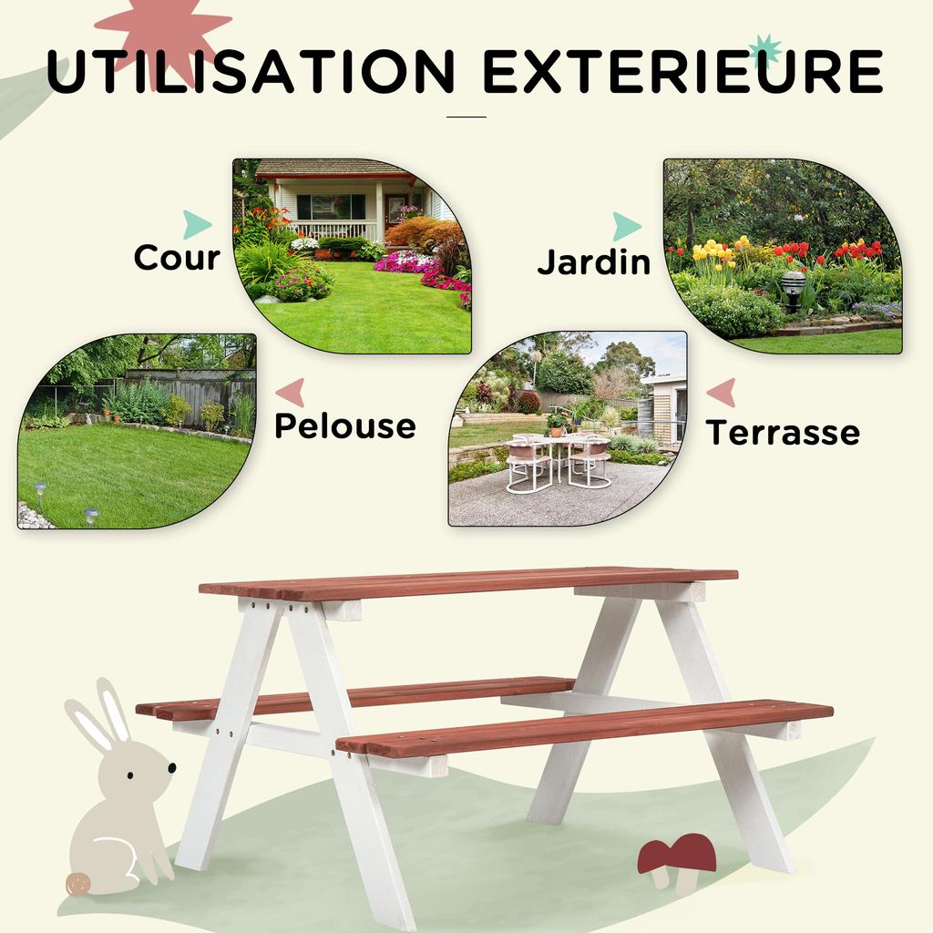 Children's picnic table with solid wood benches, children's table for the garden, 89 x 79 x 50 cm, brown and white