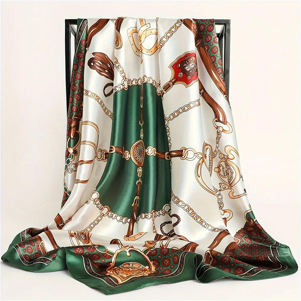 Chain Printed Square Hijab Scarf Stylish Thin Satin Shawl Elegant Style Sunscreen Headscarf For Women