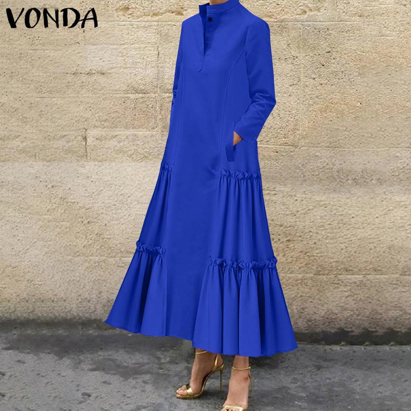 VONDA Kvinner Mote Stand Krage Langermet Ensfarget Ruffle Hem skjortekjoler