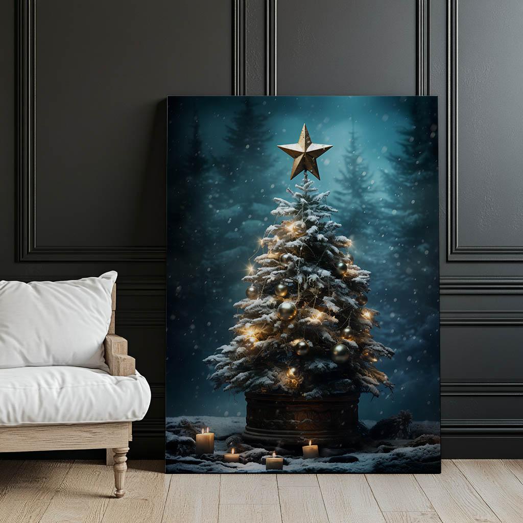 Christmas Tree In The Forest Christmas Tree In The Forest, 30X40 Cm, Dark Brown Wooden Frame, 230 Gsm Matte Paper