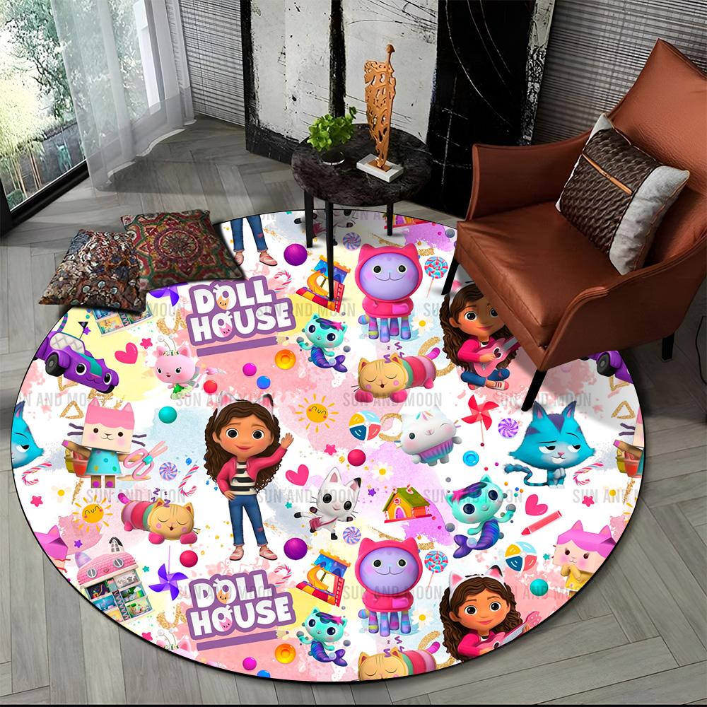 Tappeto Rotondo Tondo Cartone Animato 3D Carino Casa delle Bambole di Gabby Ragazza, Tappeto per Soggiorno Camera da Letto Divano Stanza dei Giochi Decorazione, Tappetino Antiscivolo per Bambini