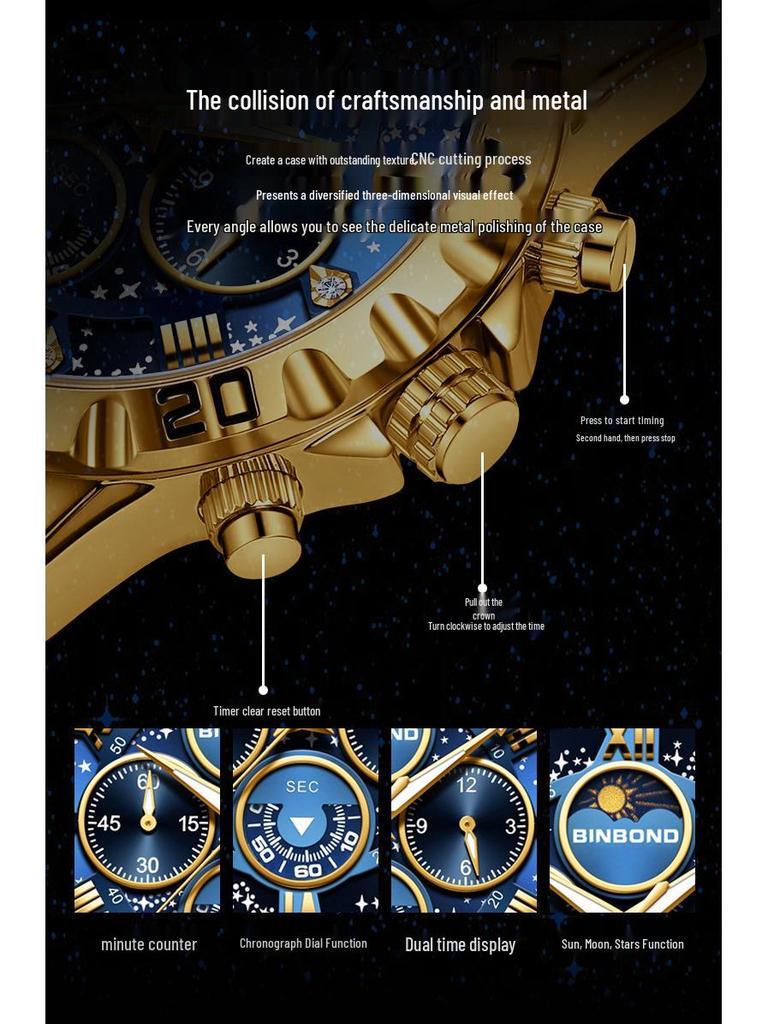 BINBOND Men's Luminous Stainless Steel Moon Phase Quartz Watch