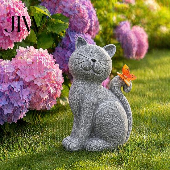 Handmade Stone Texture Decor Solar Cat Garden Statue, Cute Sculpture with Butterfly Light, Weather Resistant Yard Art Waterproof Resin Animal