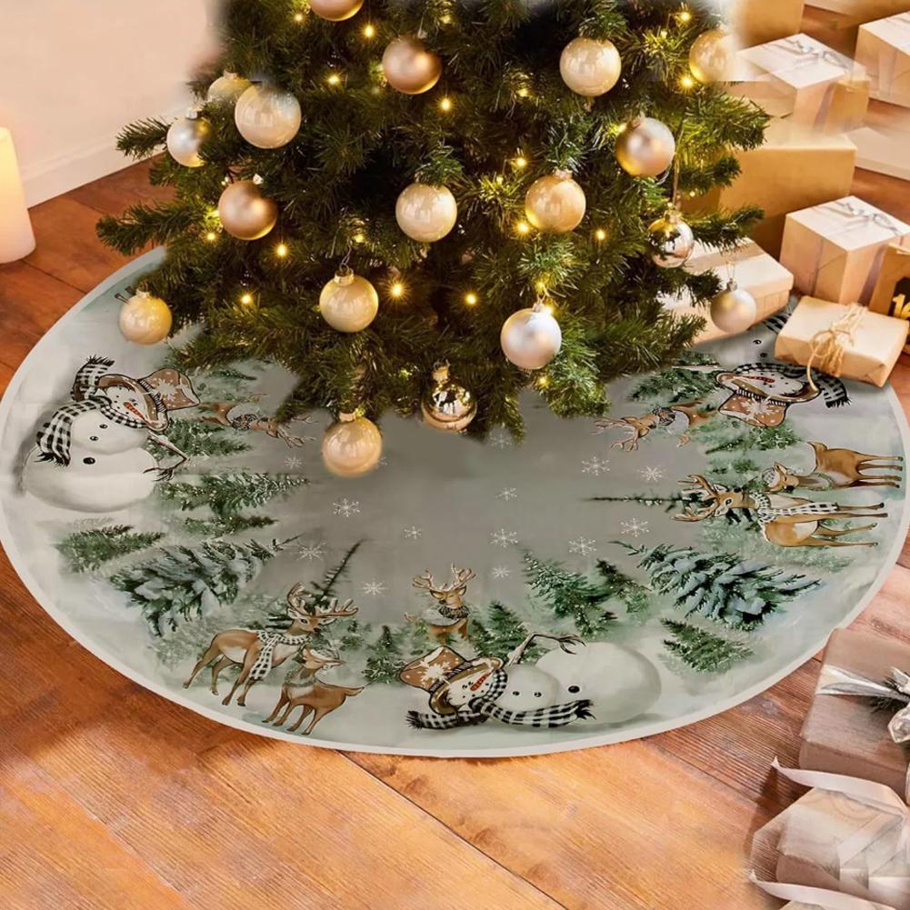 120CM Christmas Tree Skirt Decorations Snowman Large Size Reindeer Fabric Snowflake Pattern Holiday Home Decor Party Gift Pad