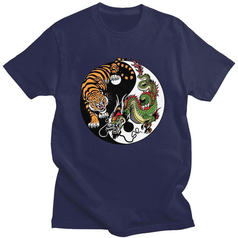 Custom Male Dragon And Tiger Yin Yang Symbol T Shirts Short Sleeve Cotton Tshirt Leisure Tees Slim Fit Clothes