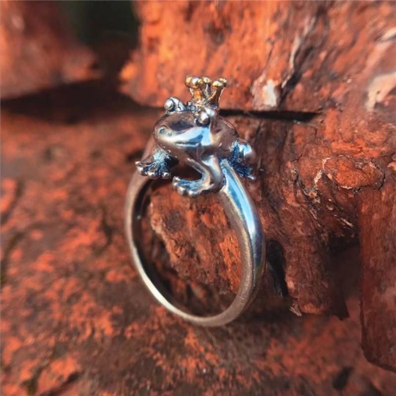 Adjustable Open Ring Men Women Sterling Crown Frog Design Vintage Artisan Jewelry