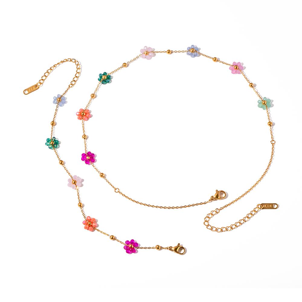  Fashion Cute Colorful Resin Daisy Floral Design Jewelry Stainless Steel Chain Necklace Bracelet Women Daily Wearing