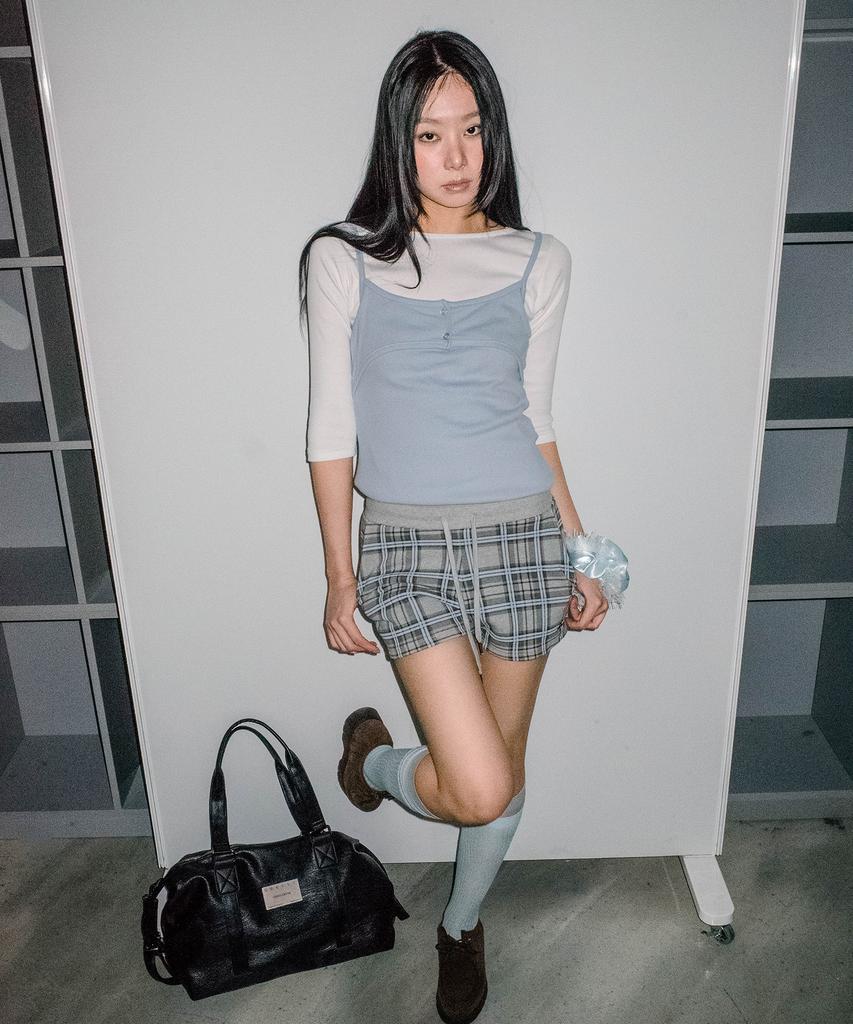 CHICKS Tartan Check Elastic Waist Sweat Shorts Melange