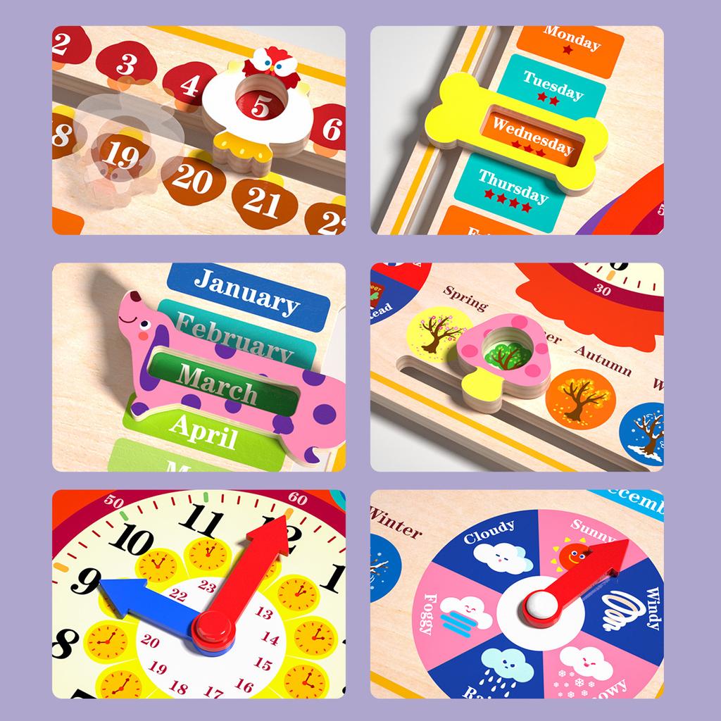 6 In 1 Kids Calendar Clock Board Wooden Building Block Clock Puzzle Puzzle Baby Time Weather Cognition Early Education