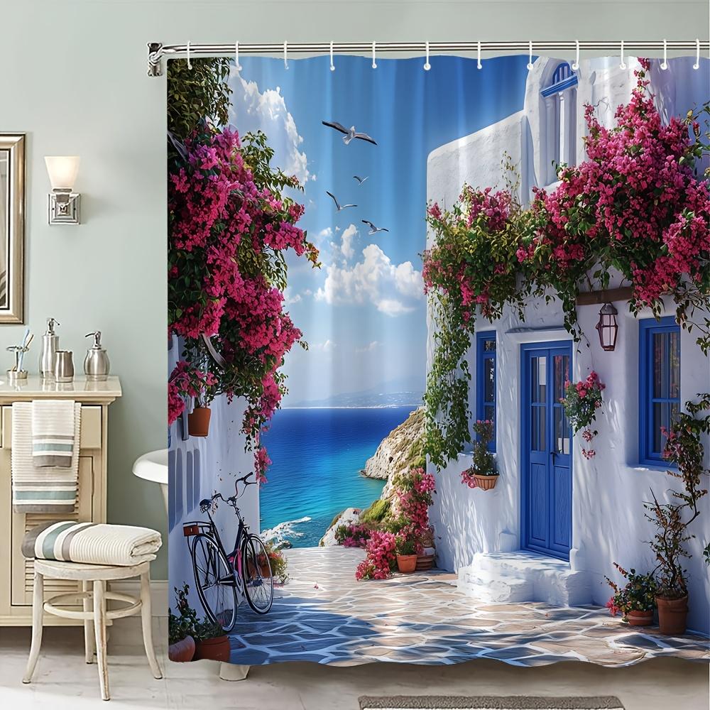 Mediterranean Seaside Cottage Shower Curtain, Waterproof And Mildew-Resistant For Vibrant And Scenic Bathroom Decor