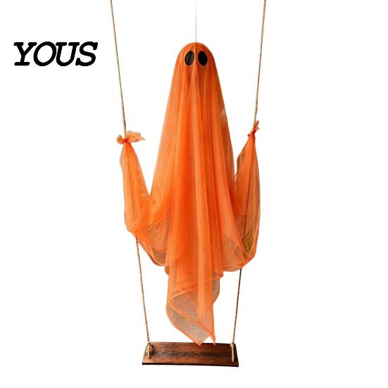 Swinging Ghost Light Halloween Decoration, Large Hanging Swing with LED String Lights, Button Battery Powered Figure for Outdoor Indoor Party