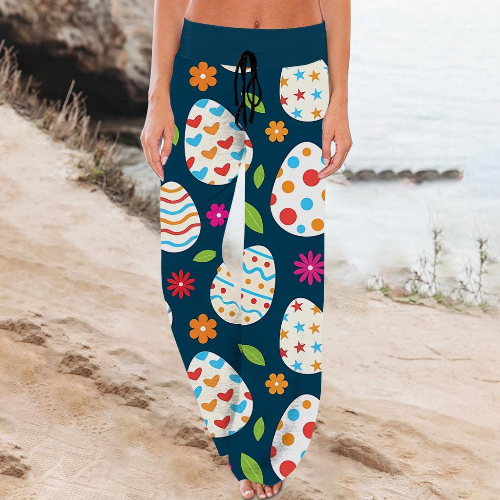 Damskie spodnie piżamowe w swobodnym stylu, z nadrukiem wielkanocnym, ze ściągaczem i szerokimi nogawkami