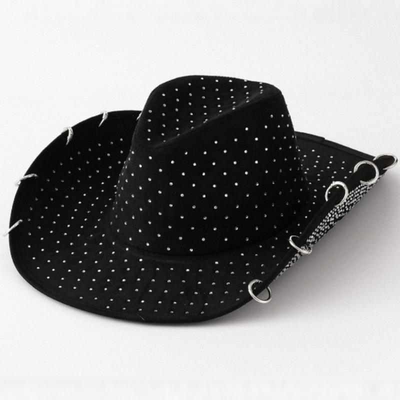 Men Women Rhinestone Metal Ring Decor Wide Brim Cowboy Hat 56-58cm чёрный