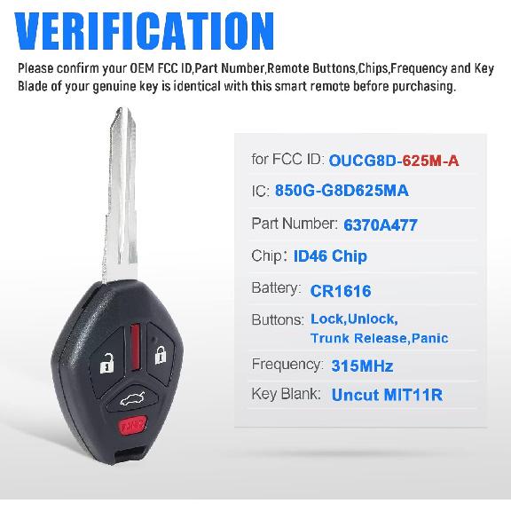 Black Plastic 4-Button Keyless Entry Remote Key Fob Replacement for Mitsubishi Lancer 2008-2015 (FCC:OUCG8D-625M-A P/N:6370A477)