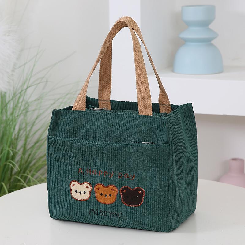 

Вельветовая сумка-тоут с вышивкой медведя, стильная косметичка, подходит для ежедневной работы, школы, путешествий на открытом воздухе, доставки еды