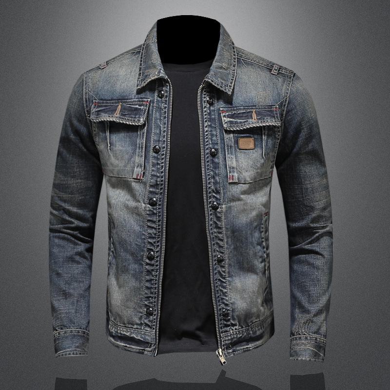 

Korean Men s Slim Fit Retro Denim Motorcycle Jacket for Autumn 2026 M синий