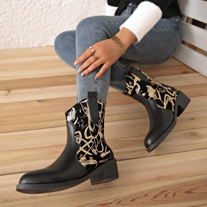 Women's Pointed Block Heel Medium Heel Alphabet Graffiti Low Leg Boots Sleeve Western Cowboy Knight Boots Women's Plus Size