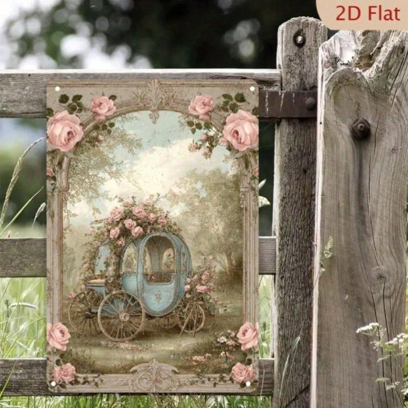 Vintage Victorian Carriage Metal Poster, Pink Rose Wall Art, Black Frame Home Decor for Cafe Bar