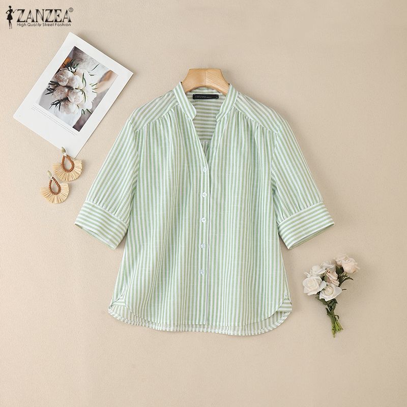 ZANZEA Women Casual V-Neck Half Sleeve Loose Stripe Blouse
