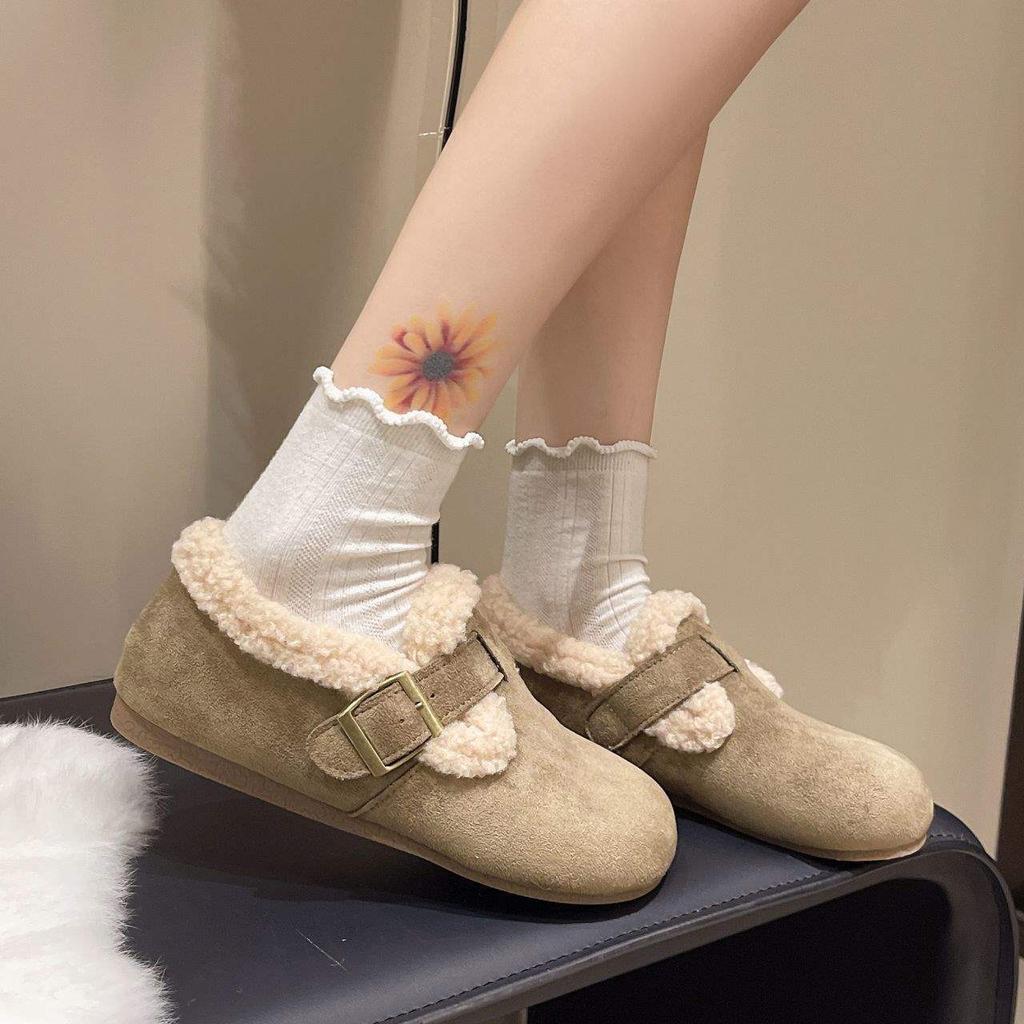 Autumn four-season Doudou shoes women's velvet loafers wear flat-soled retro soft-soled Birkenstock big head and cotton shoes