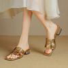 Fashion Women's New Spring/Summer European and American Square Head Leather Heavy Metal Mid Heel Large Open Toe Slippers